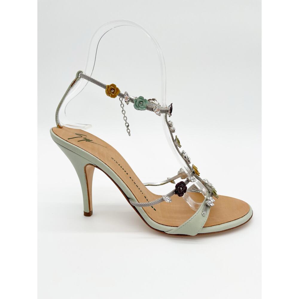 Giuseppe Zanotti Vintage Mint Green Crystal Floral T Strap Heeled Sandals US 7.5 - Picture 3 of 13
